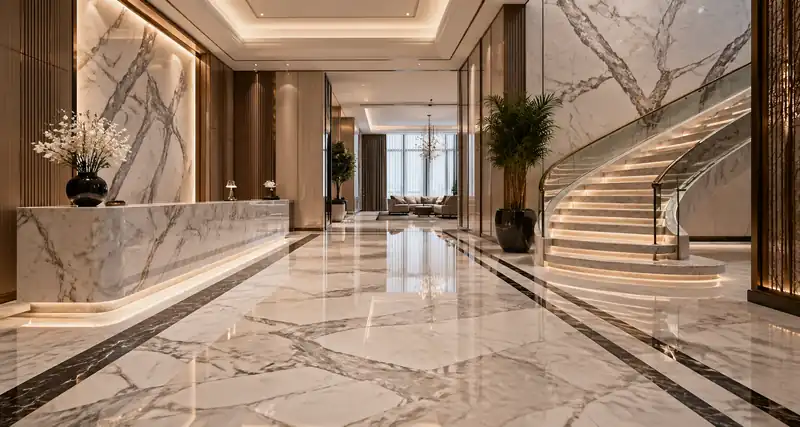 Polished marble installation in a Dubai luxury reception interior