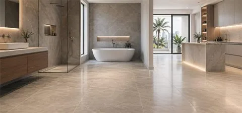 Large-format tile fixing in a Dubai bathroom and kitchen interior