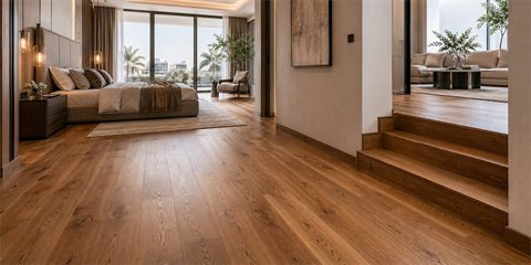 Engineered wooden flooring installation in a Dubai bedroom and lounge